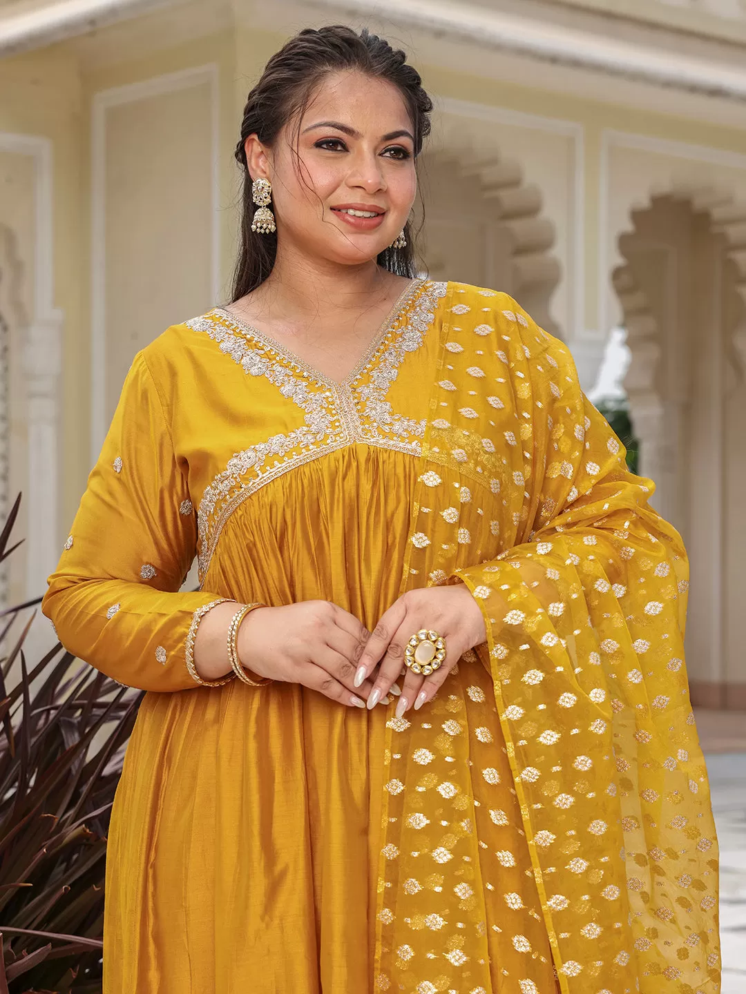 Mustard Chanderi Emabellished Kurta with Palazzo and Dupatta