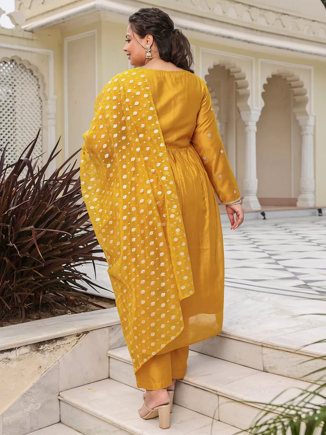 Mustard Chanderi Emabellished Kurta with Palazzo and Dupatta