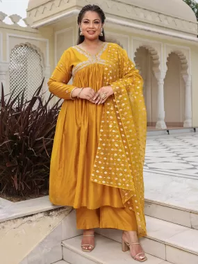 Mustard Chanderi Emabellished Kurta with Palazzo and Dupatta