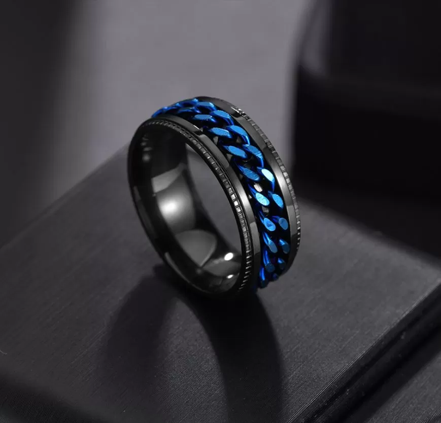 Personalized Men's Wedding Spinner Ring - Black and Blue Spinner Ring