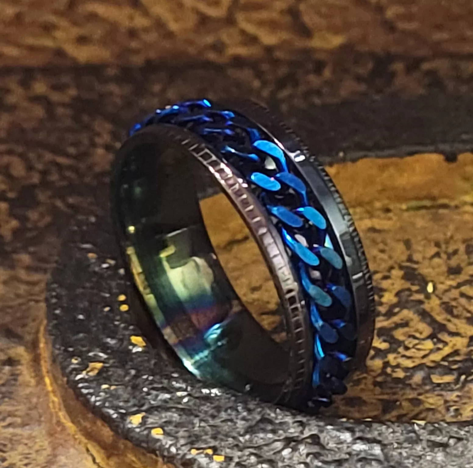 Personalized Men's Wedding Spinner Ring - Black and Blue Spinner Ring