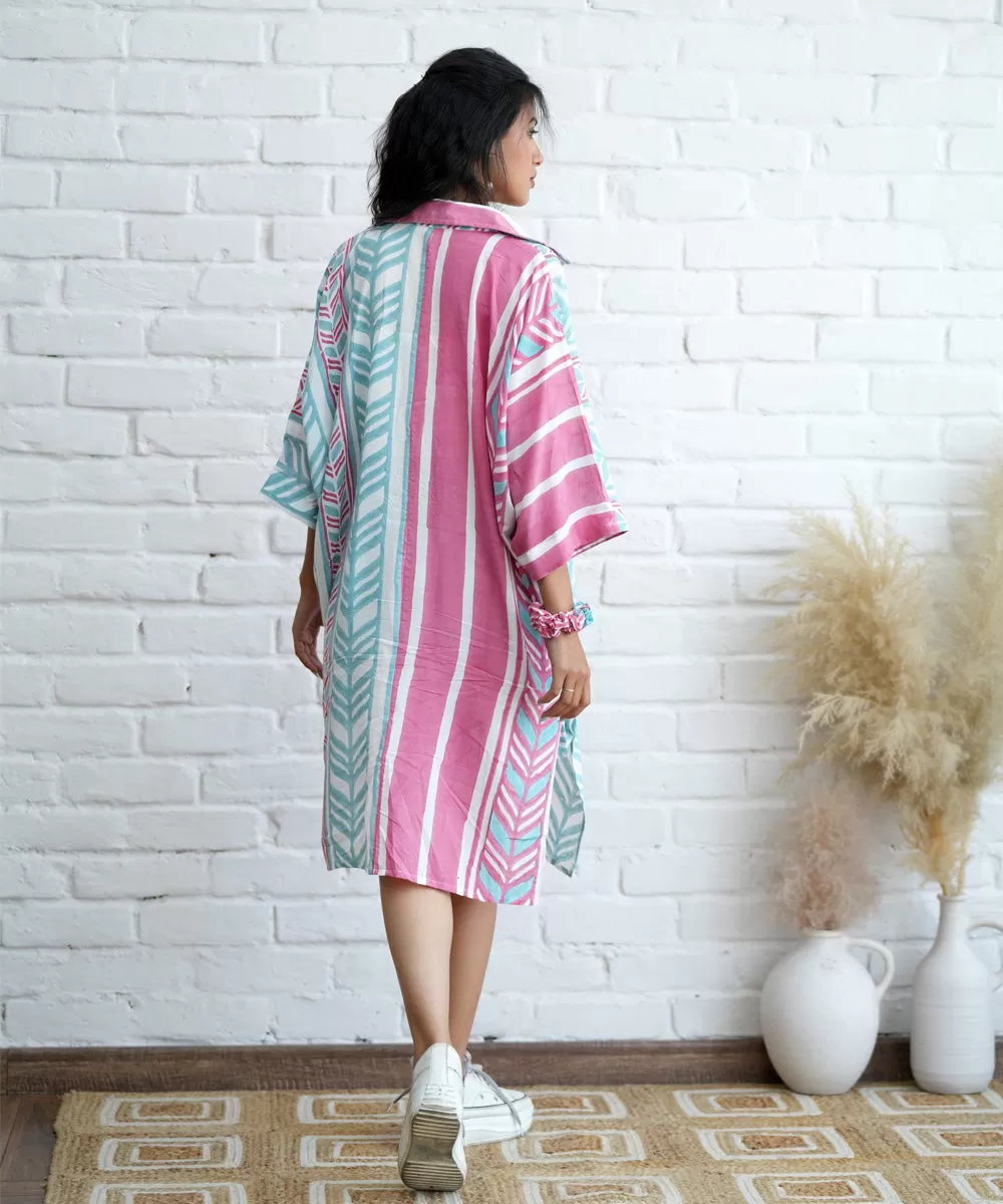 Pink blue handblock printed modal oversize shirt