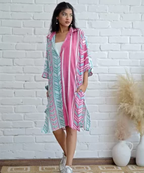 Pink blue handblock printed modal oversize shirt