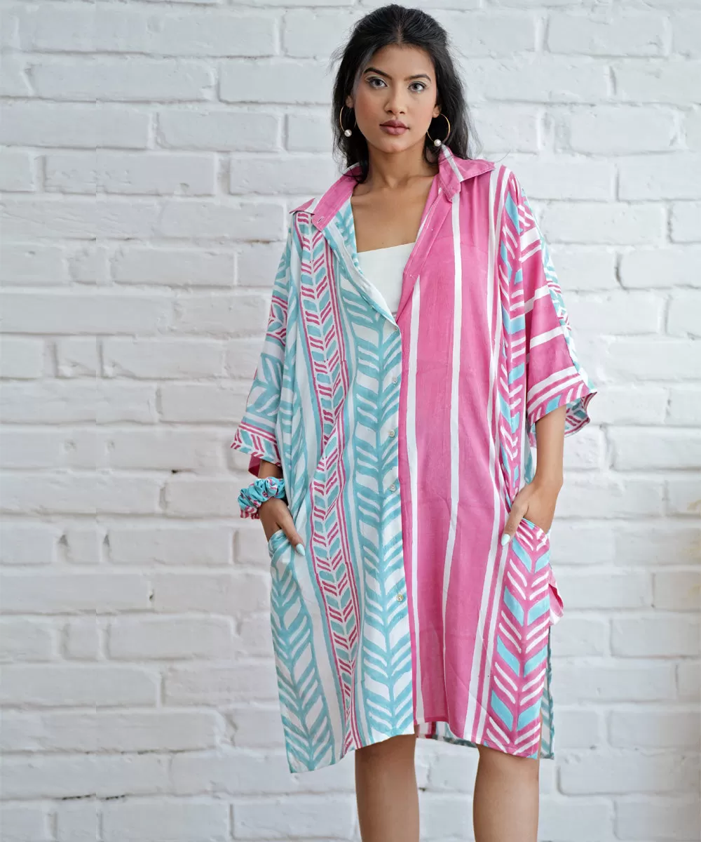 Pink blue handblock printed modal oversize shirt