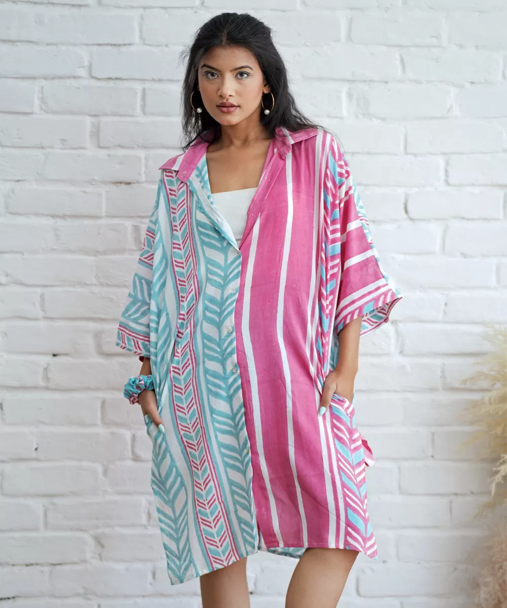 Pink blue handblock printed modal oversize shirt