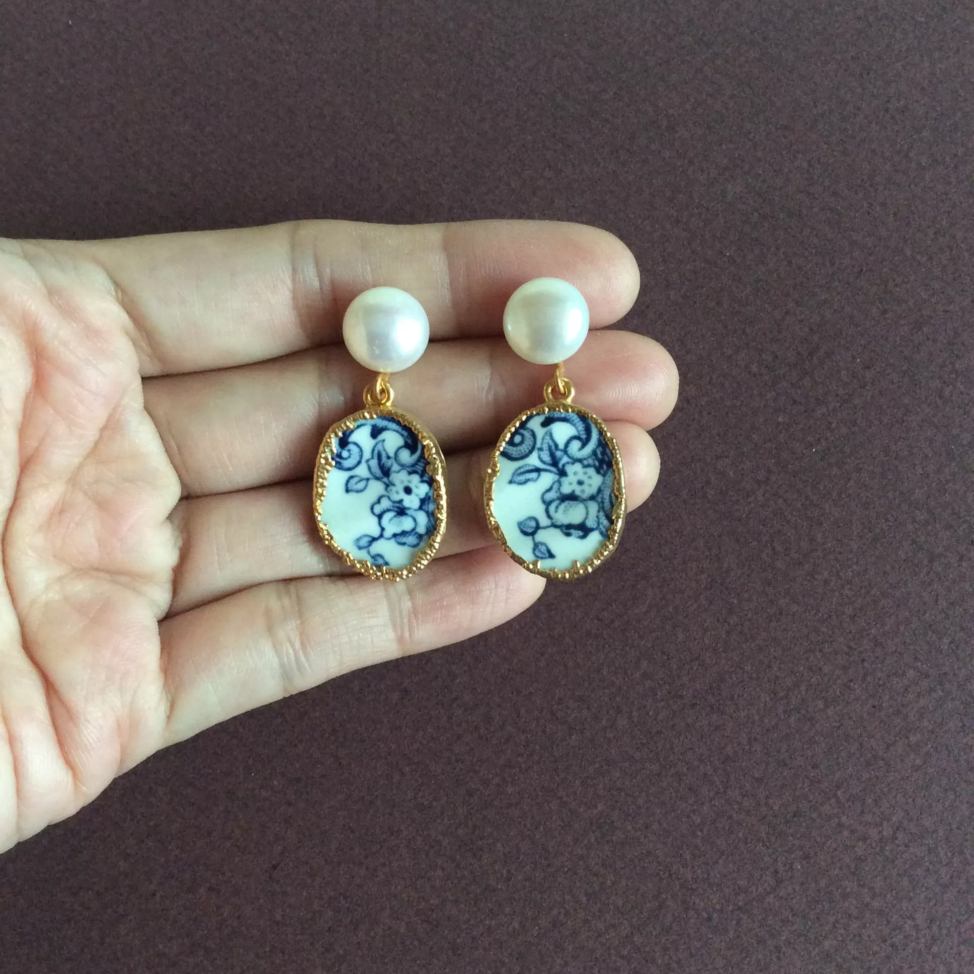 Portuguese tile azulejos porcelain earrings with round freshwater pearls