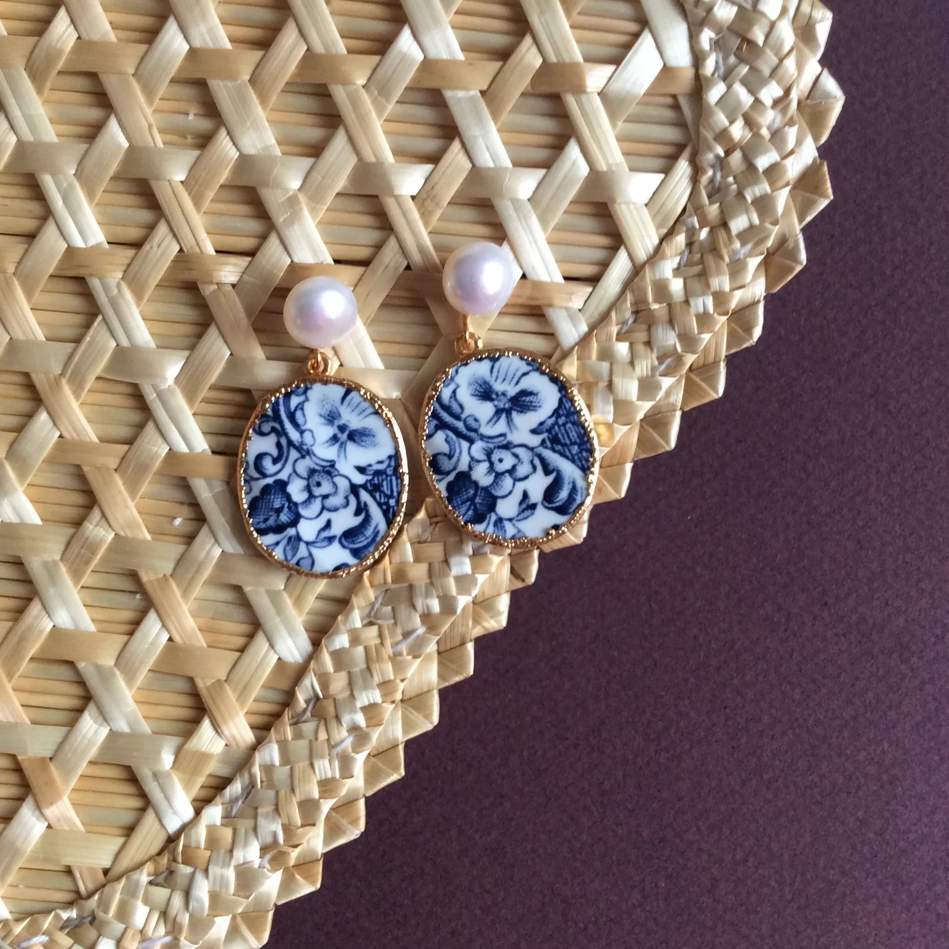 Portuguese tile azulejos porcelain earrings with round freshwater pearls