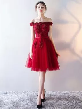 Red Lace Homecoming dress Off The Shoulder Homecoming Dress ER086