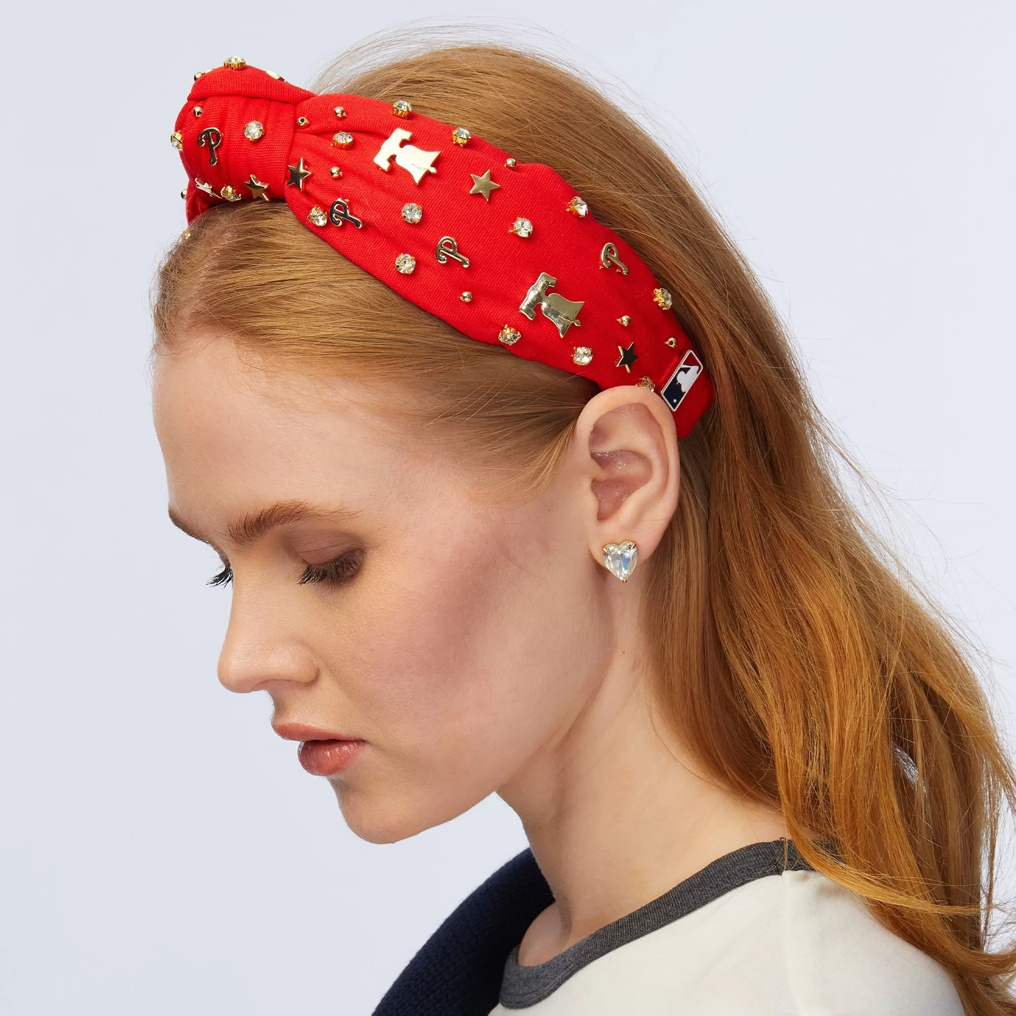 RED PHILLIES EMBELLISHED KNOTTED HEADBAND