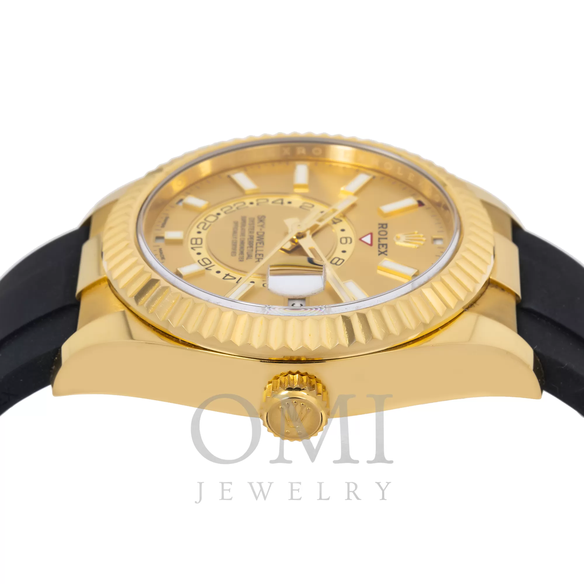 ROLEX SKY-DWELLER YELLOW GOLD GOLDEN INDEX DIAL OYSTERFLEX 336238 WITH RUBBER STRAP