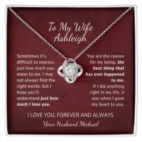 Romantic Gift to Wife or Girlfriend, Custom Name Message Card, Love Knot Pendant Necklace from Husband or Boyfriend