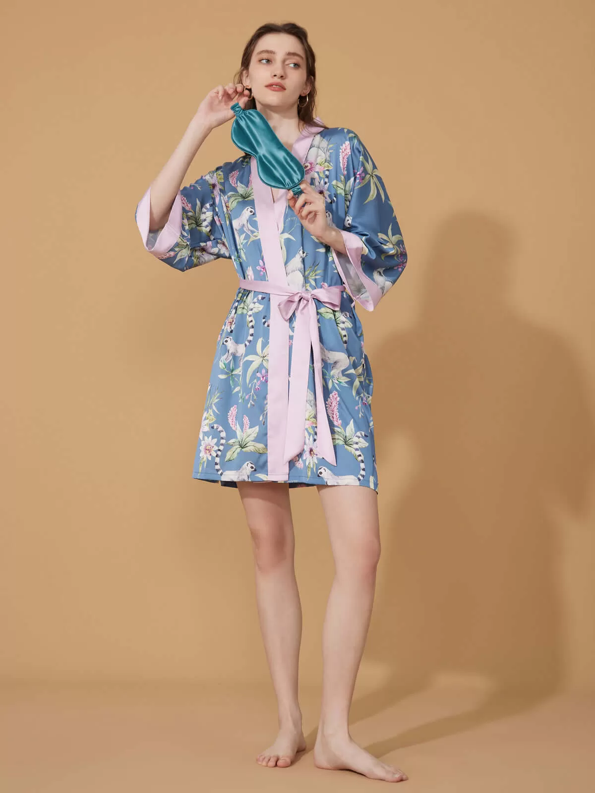 Short Kimono Robe Blue Forest