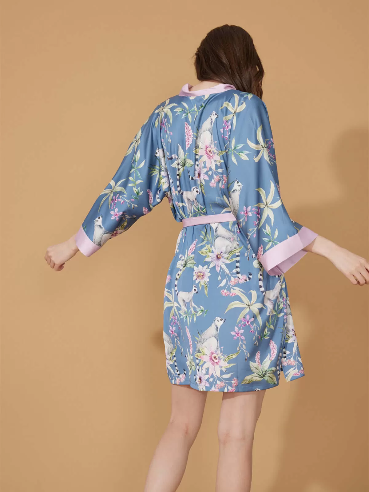 Short Kimono Robe Blue Forest