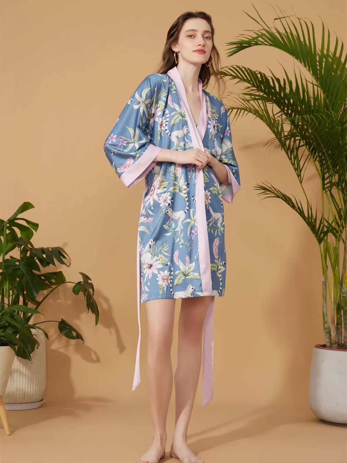 Short Kimono Robe Blue Forest