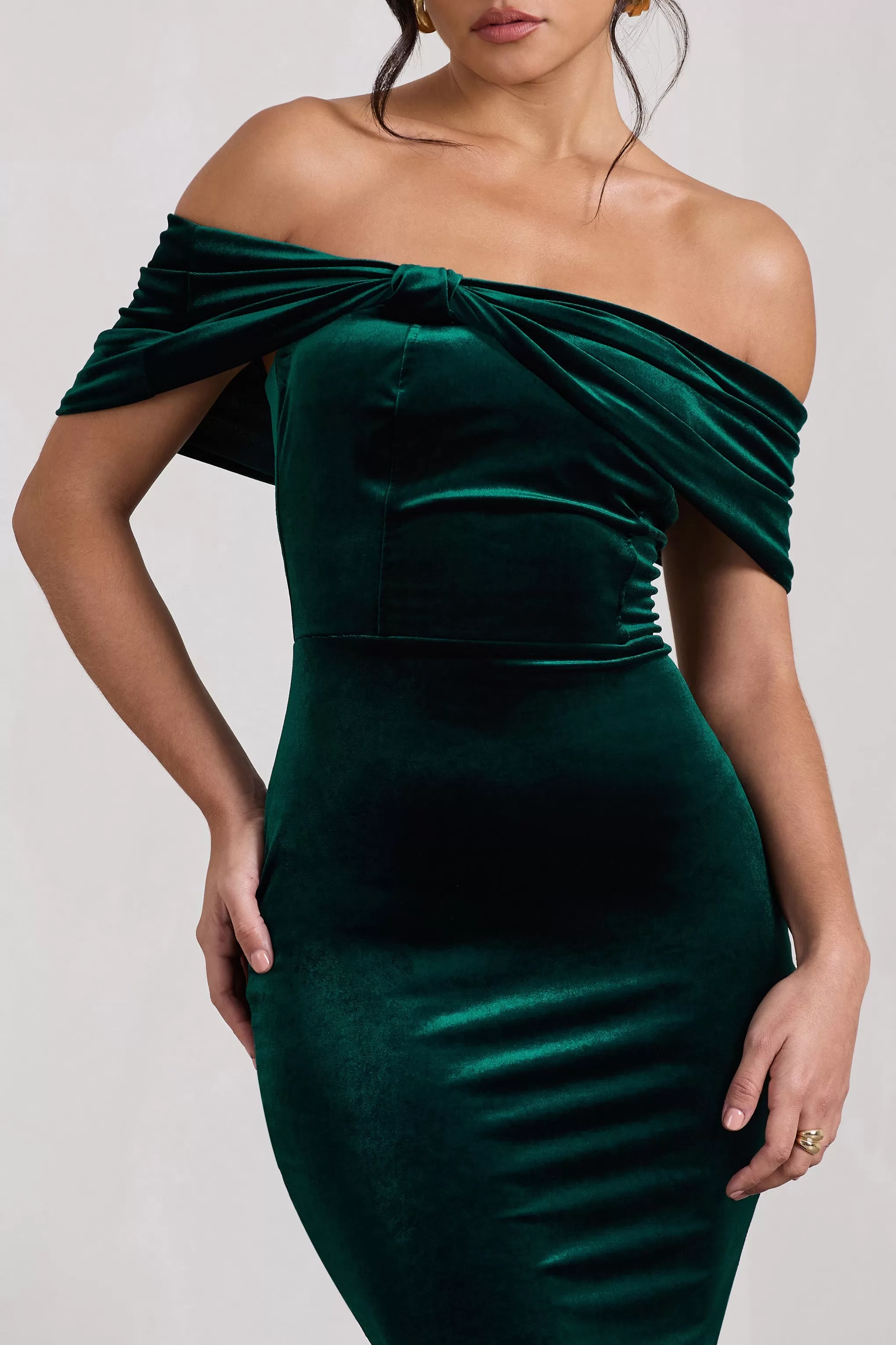 Snowflake | Bottle Green Velvet Bardot Bow Detail Midi Dress