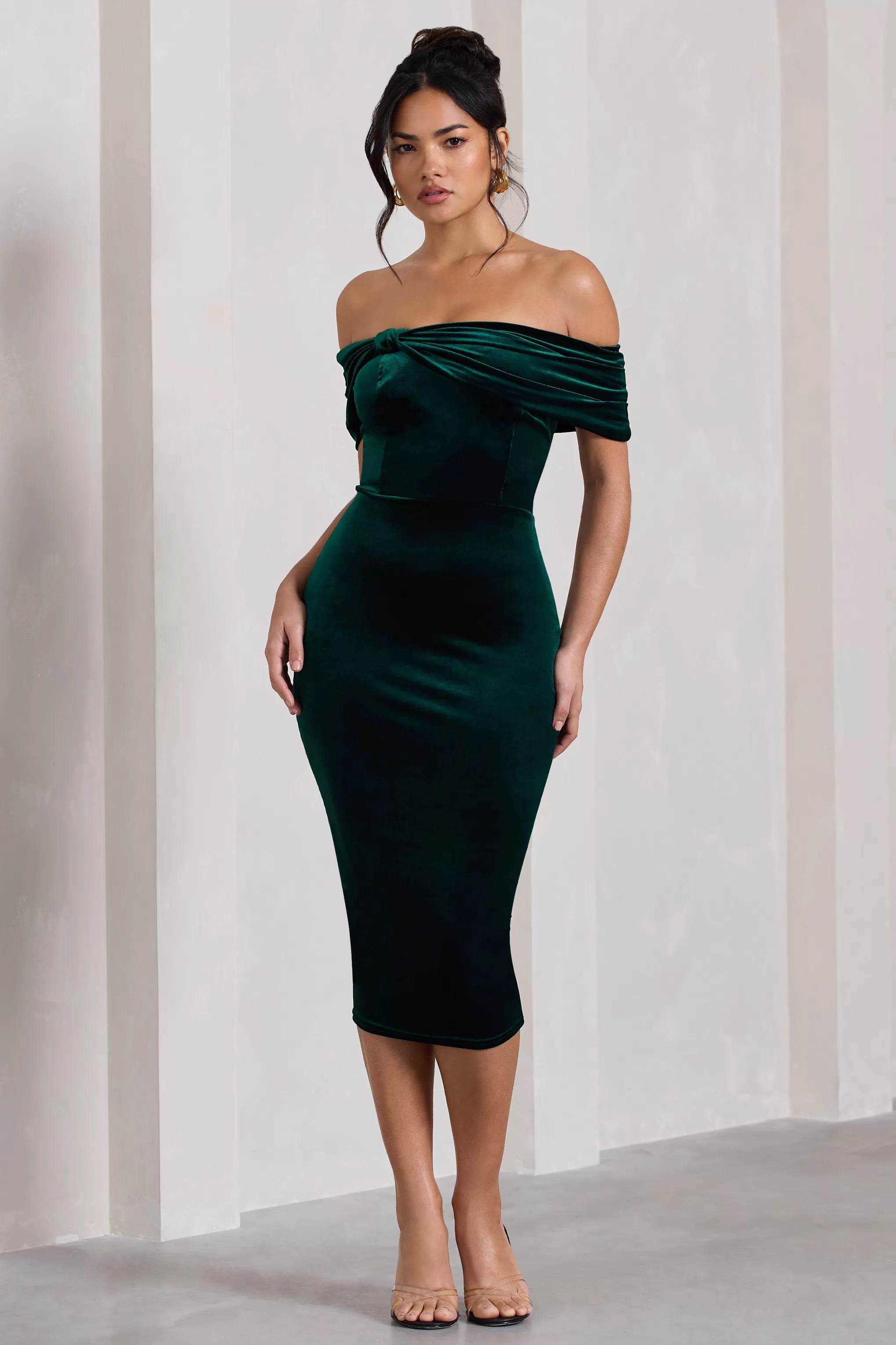 Snowflake | Bottle Green Velvet Bardot Bow Detail Midi Dress