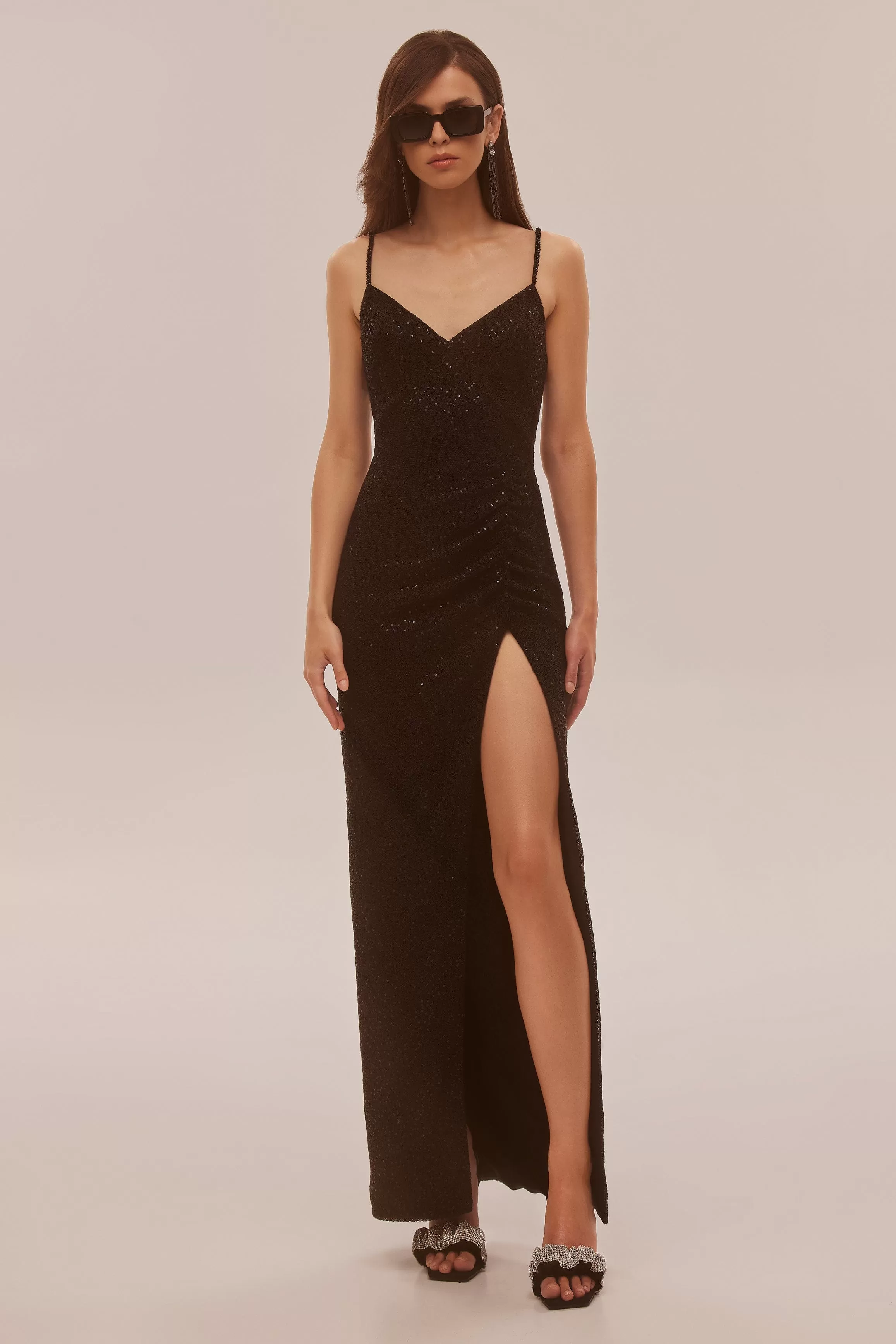 Spectacular sequined maxi gown on long spaghetti straps