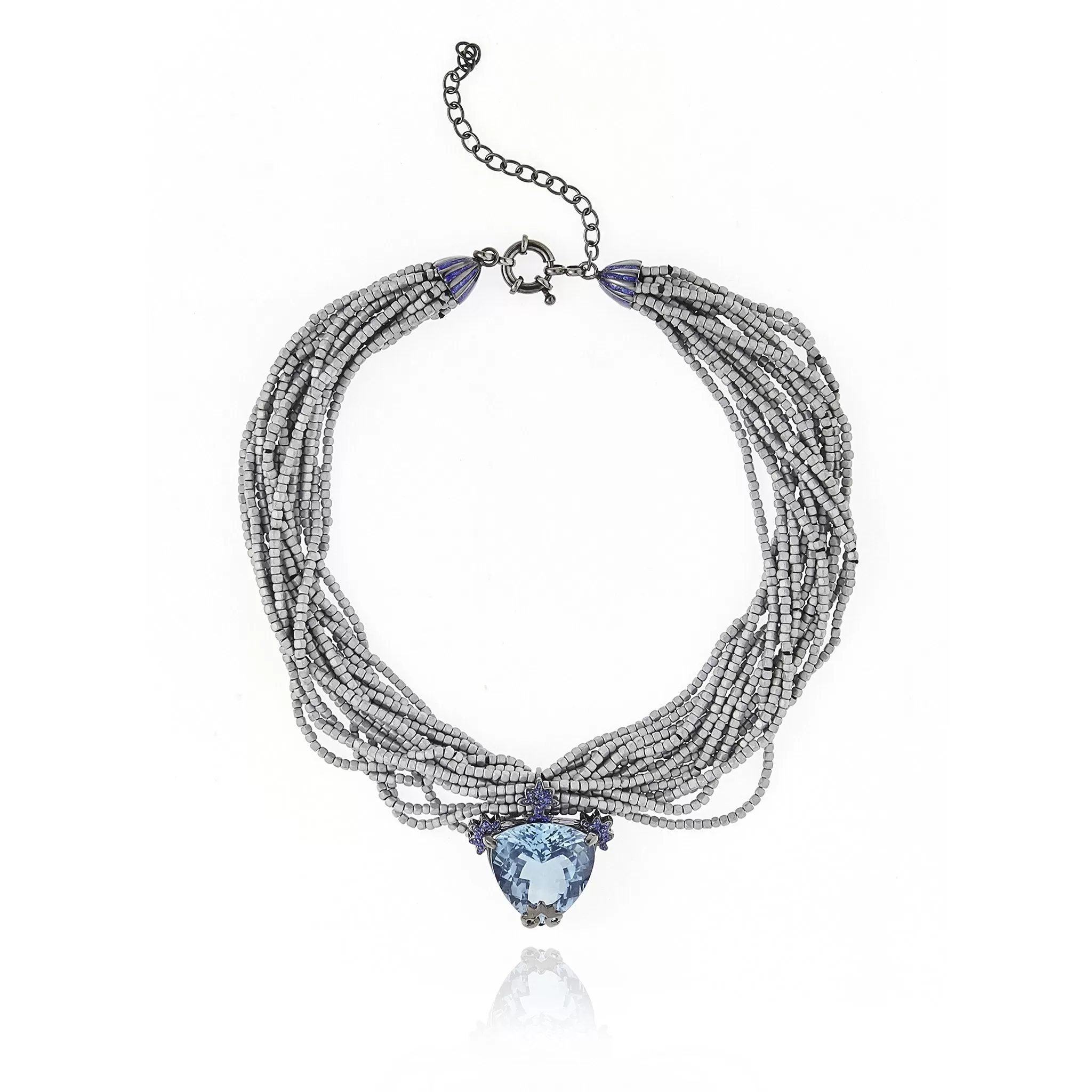 Sterling Silver Statement Necklace With Laser Gray Glitter Enamel, Blue Topaz & Gray Hematite Beads