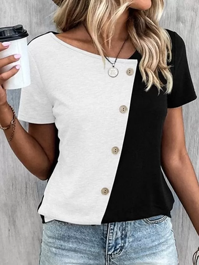 T shirt Tee White Pink Khaki Color Block Button Short Sleeve Daily Weekend Basic V Neck Regular S for Women