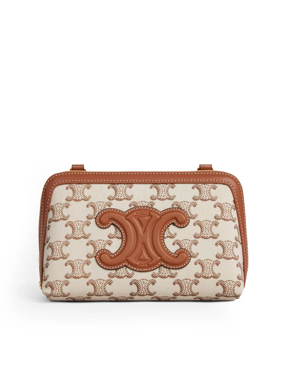 TRIOMPHE CUIR CLUTCH WITH CHAIN IN TRIOMPHE PRINT FABRIC AND WHITE CALF LEATHER