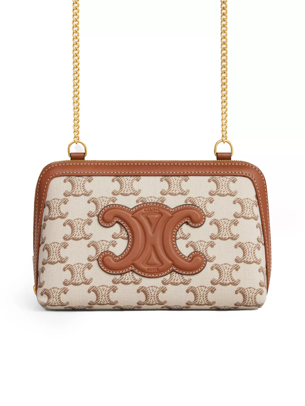 TRIOMPHE CUIR CLUTCH WITH CHAIN IN TRIOMPHE PRINT FABRIC AND WHITE CALF LEATHER