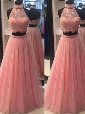 Two Piece Lace Prom Dress Cheap Pink Prom Dress #ER025