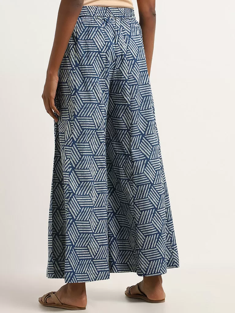 Utsa Indigo Geometric Print Cotton High-Rise Palazzos