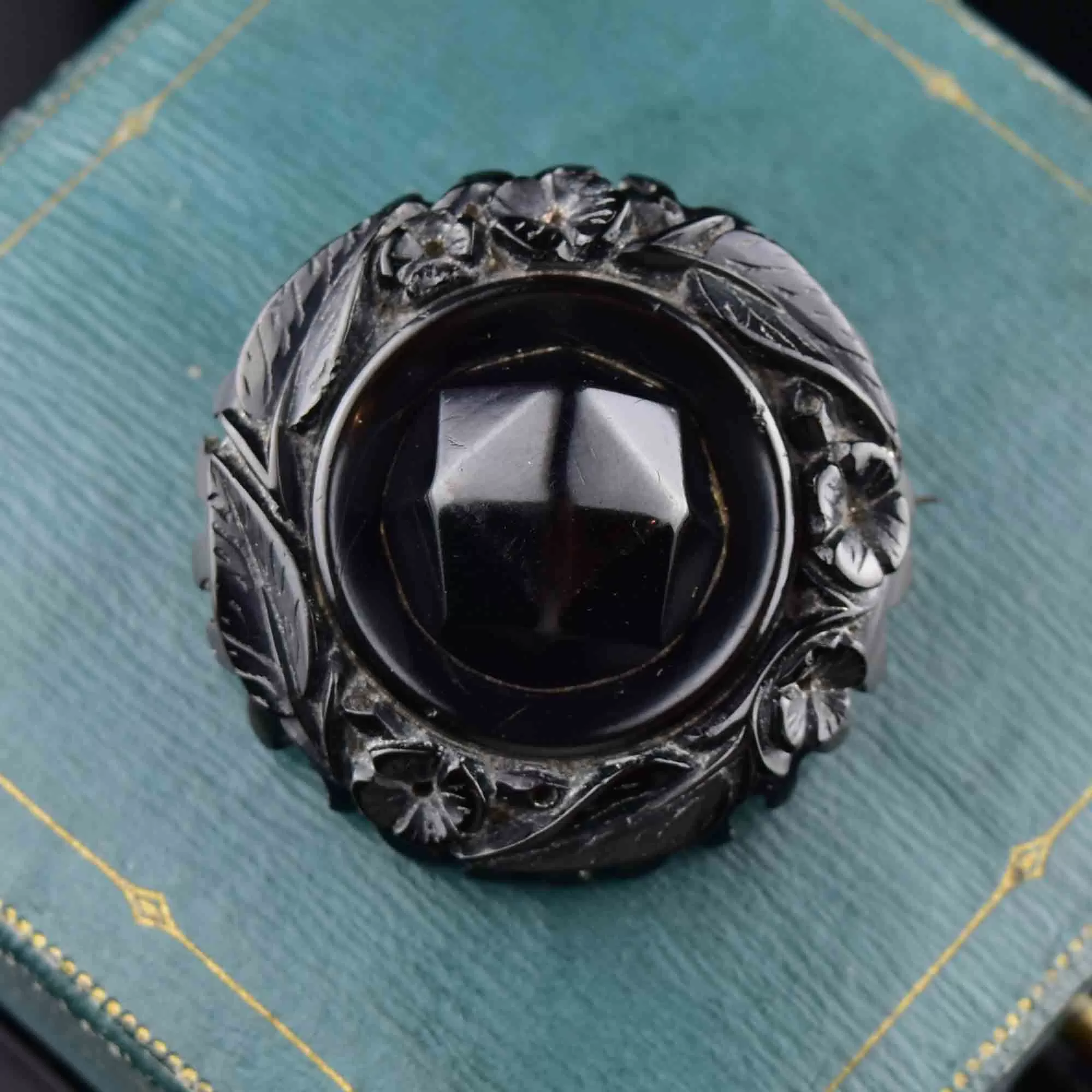 Victorian Forget Me Not Carved Whitby Jet Brooch