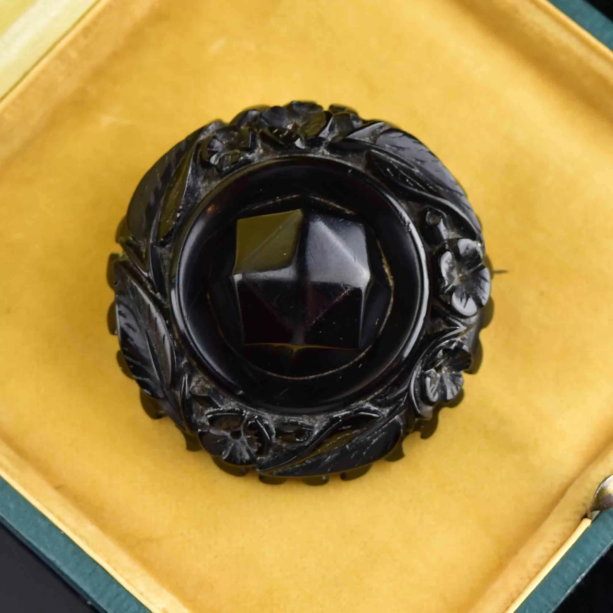 Victorian Forget Me Not Carved Whitby Jet Brooch