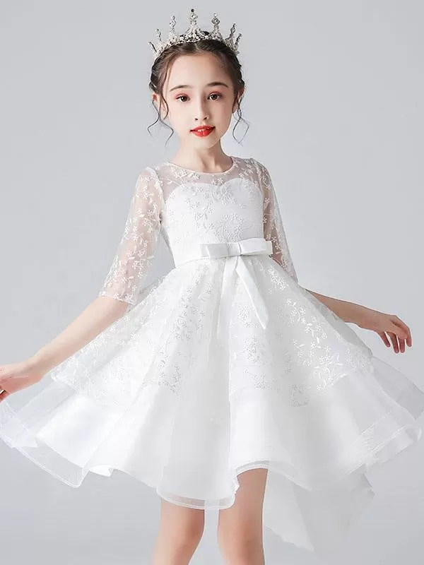 White Half Sleeves Flower Girl Dresses Jewel Neck Kids Social Party Dresses