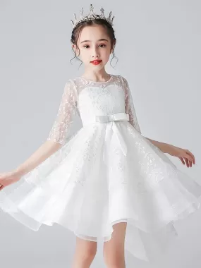 White Half Sleeves Flower Girl Dresses Jewel Neck Kids Social Party Dresses