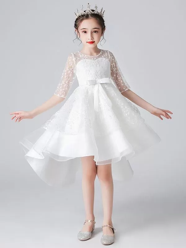 White Half Sleeves Flower Girl Dresses Jewel Neck Kids Social Party Dresses