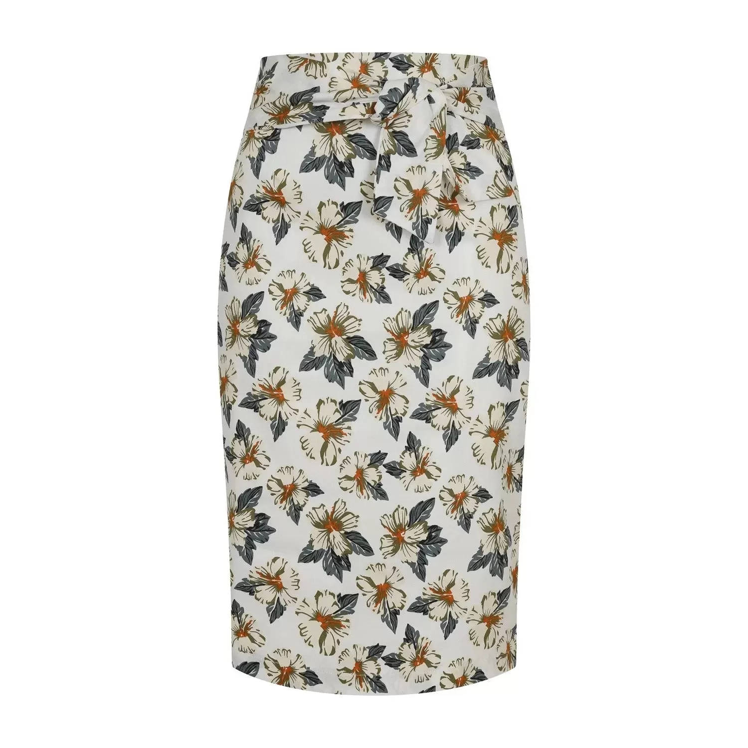 White Hawaiian Style Tie-Waist Pencil Skirt