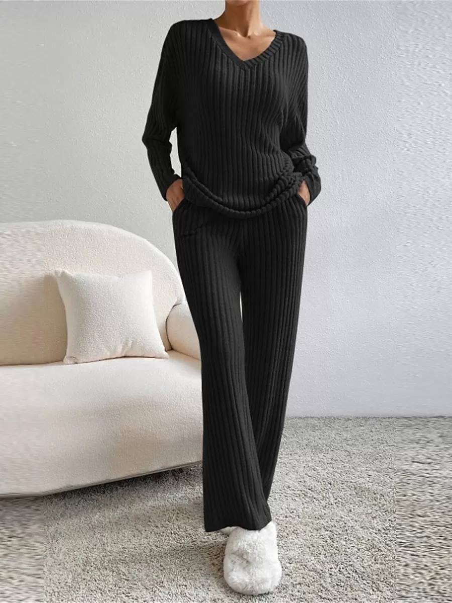 Women's Cozy Knit Drop Shoulder Tee and Pant Lounge Set