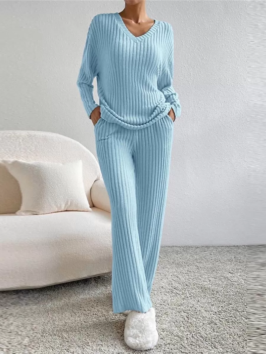 Women's Cozy Knit Drop Shoulder Tee and Pant Lounge Set