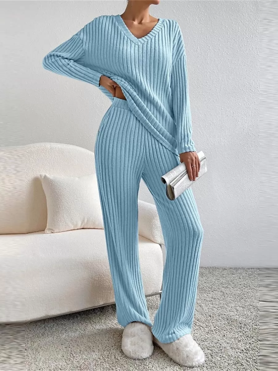 Women's Cozy Knit Drop Shoulder Tee and Pant Lounge Set